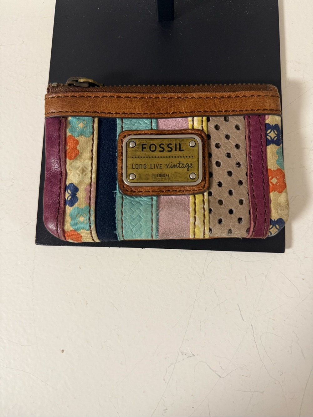 Fossil Multicolor Striped Leather Card Wallet/W ID Slot, Good Condition